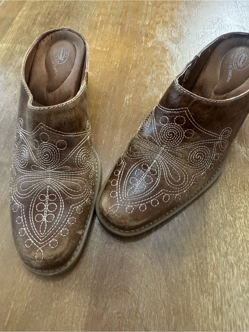 Dr. Scholl's Brown Embroidered Leather Slip-On Clogs
